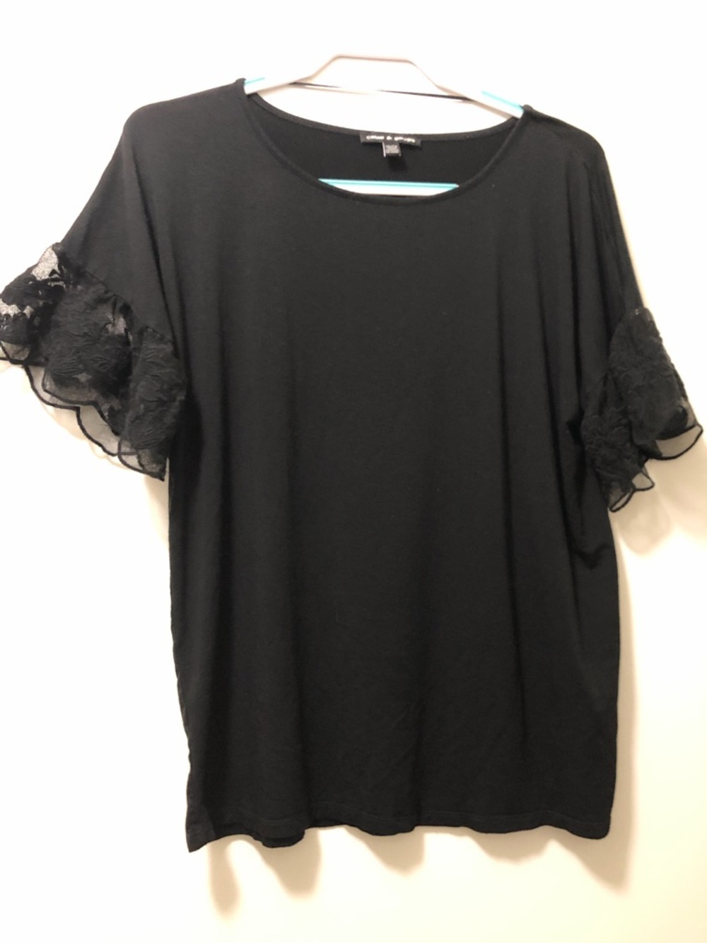 Cable & Gauge Black Short Sleeve Top with Lace Ruffle Sleeves